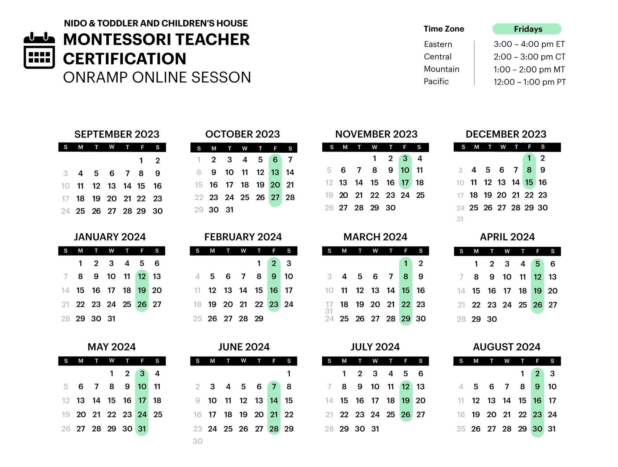 Onramp Online Session Calendar
